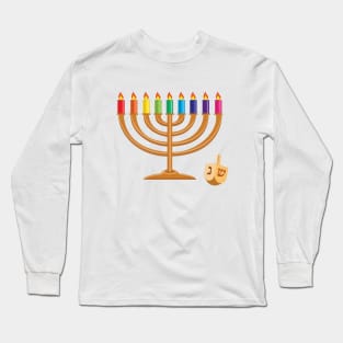 Hanukkah with menorah and wooden dreidel Long Sleeve T-Shirt